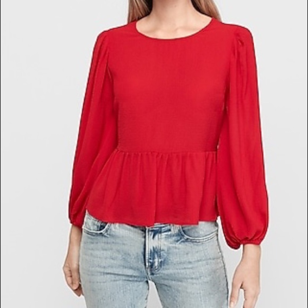 TEXTURED CHIFFON BALLOON SLEEVE PEPLUM TOP